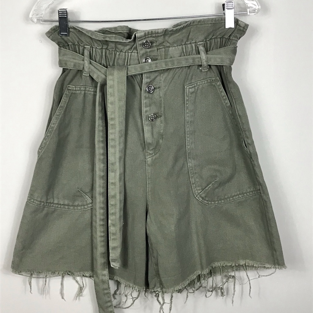 Zara Women’s Denim Green Shorts High Rise Paper Bag Twill Buttoned Belted Size 8